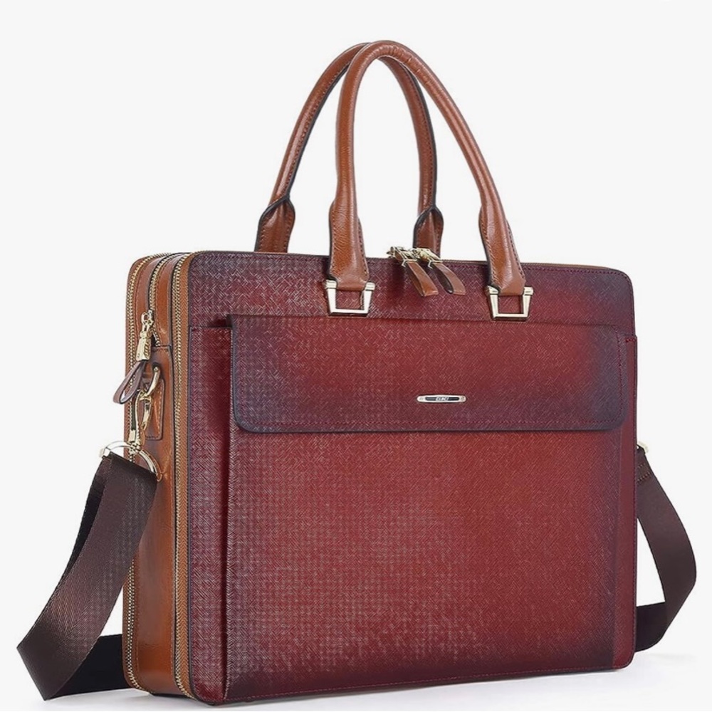 NWOT CLUCI briefcase. Red Wine oil wax leather. Side/base unwaxed tan leather.